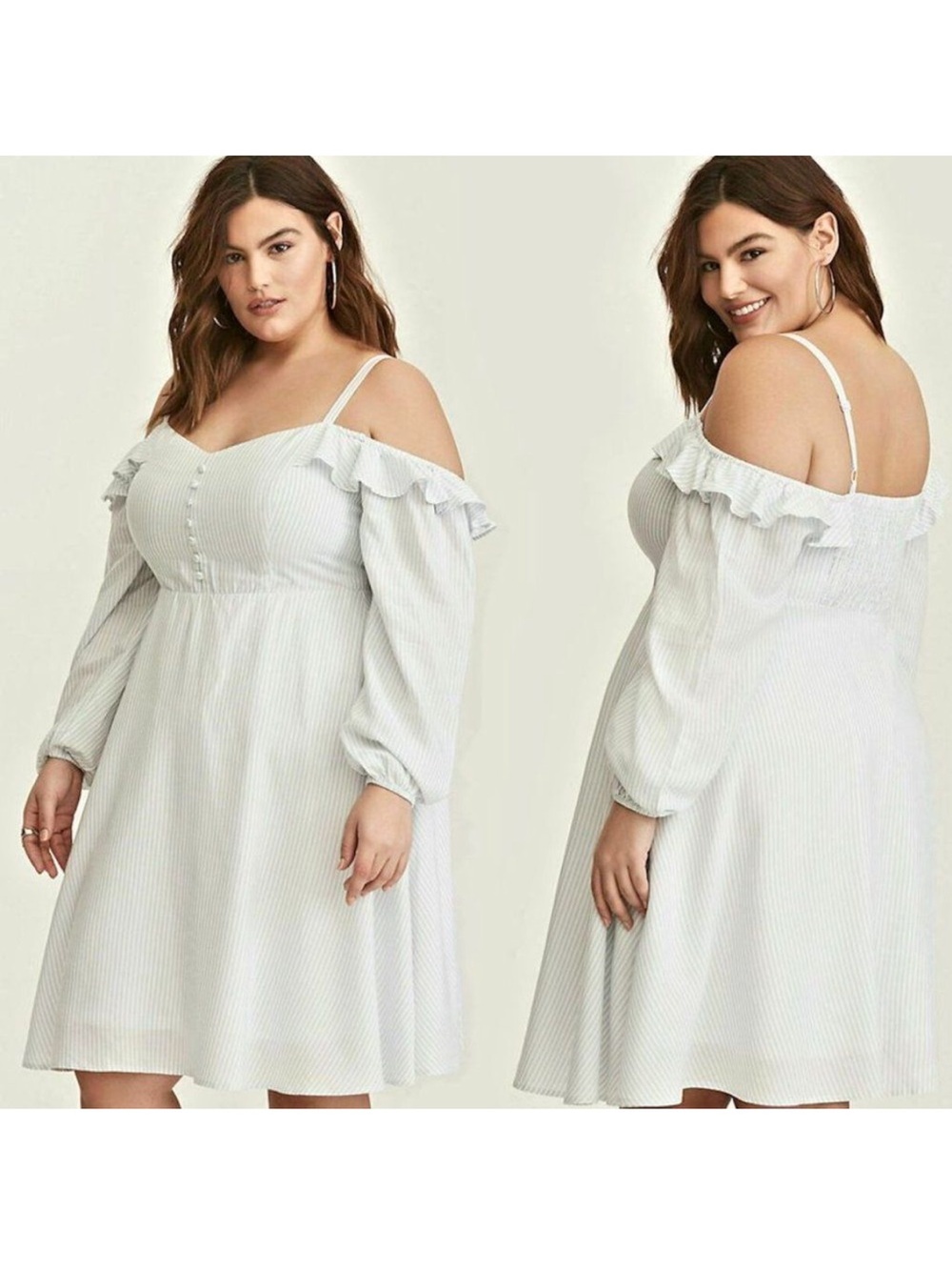 Torrid Cold Shoulder Ruffle Pale Blue White Striped Long Sleeve Summer Dress 00